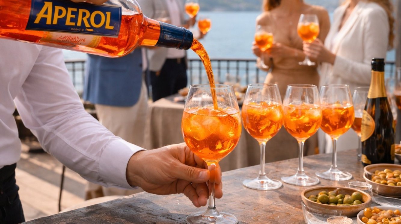 Aperol spritz being poured lakeside at the farewell brunch