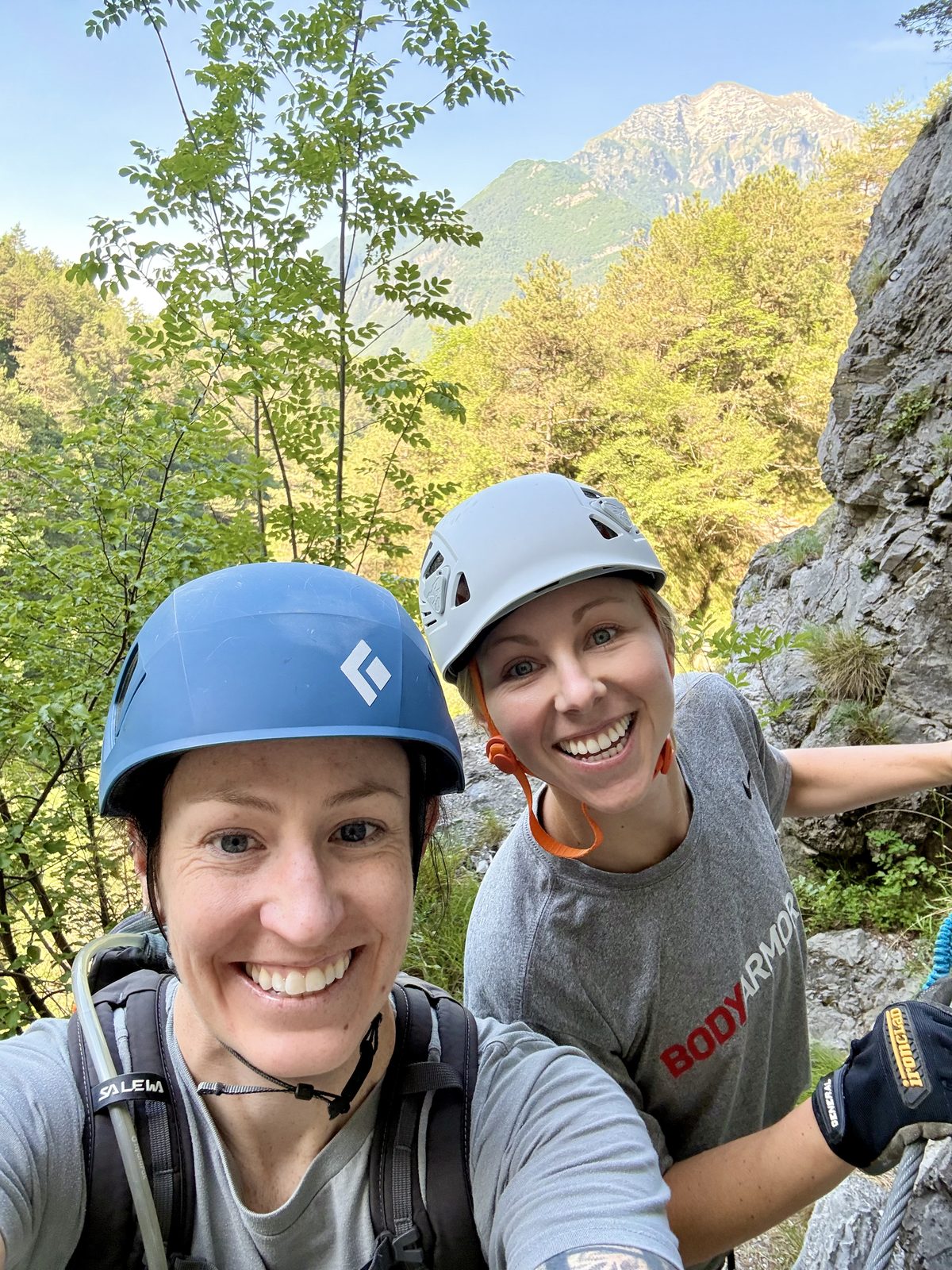 Amy and Megan on a via ferrata in the Dolomites