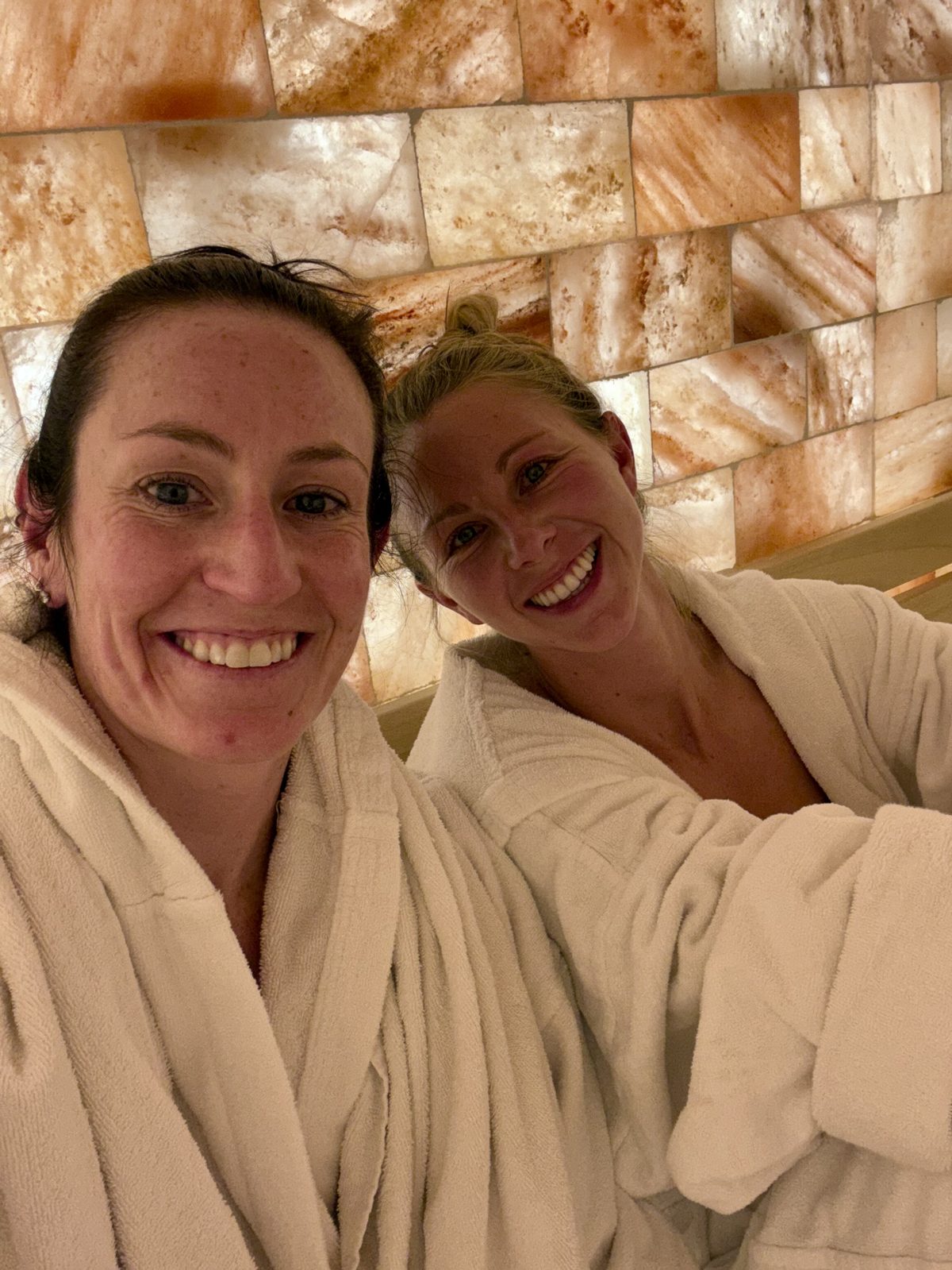 Amy and Megan at a mountain spa day in the Dolomites