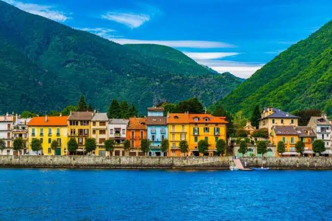 Colorful lakeside village houses on Lake Maggiore